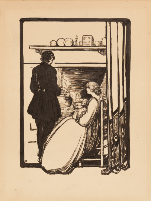 Man and woman having tea at fireplace