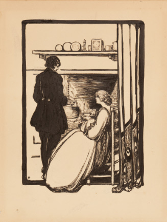 Man and woman having tea at fireplace