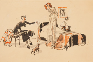 Bedroom scene of a woman offering undergarment to another woman and dog in foreground