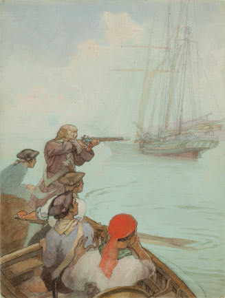 Men in rowboat, some in tricorn hats, one firing gun at approaching ship