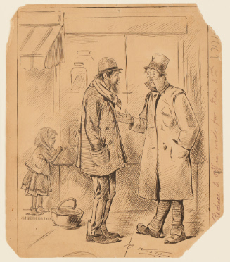 Two men talking  outside a shop