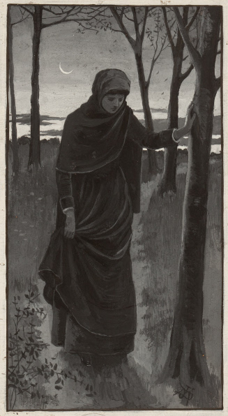 Girl with cloak leaning on tree