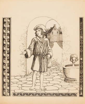Medieval scene of young boy in courtyard
