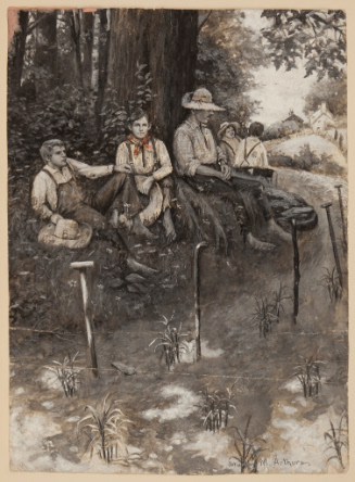 Farm boys sitting in woods, one boy with red scarf, small town in the landscape