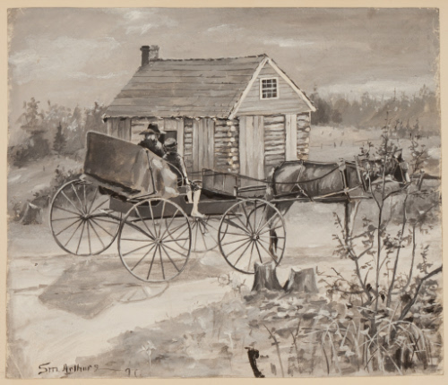 Man and woman in horse drawn carriage by a small log cabin