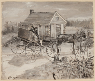 Man and woman in horse drawn carriage by a small log cabin