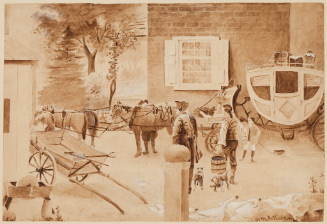 Town with small boy and toy, 2 small dogs, horse drawn carriage, and 2 men, one with a bucket of water