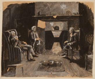 Colonial scene with two older men and a woman seated in front of a fireplace