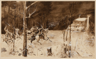 Soldiers on horseback riding out of a forest towards a house