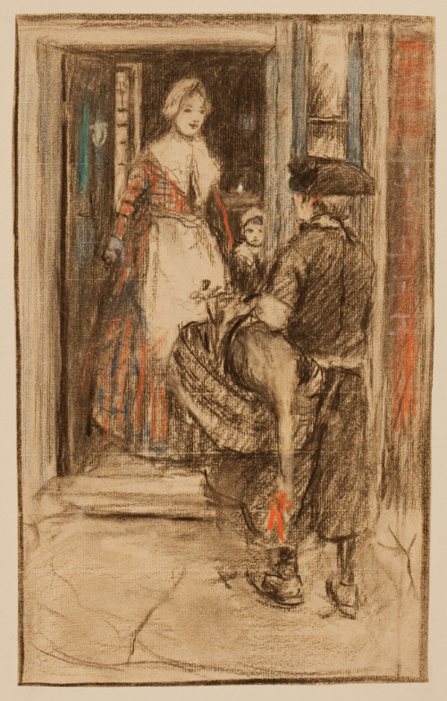 Woman and small boy at door with man standing outside