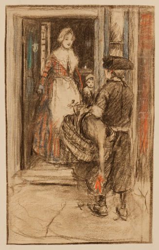Woman and small boy at door with man standing outside