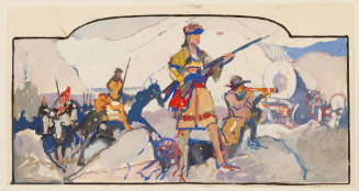 Western scene with covered wagon and riflemen