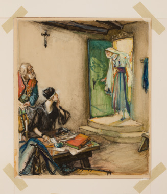 Woman wearing headscarf opening door, with woman in cloche hat and old man, in room with crucifx