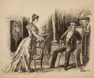 Couple wearing formal dress in ornate parlor interior