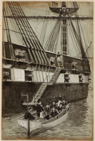 Historical scene of boarding a ship at sea