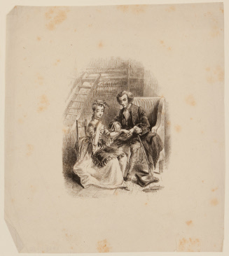 Man holding girl's hand in 18th century interior scene