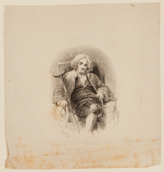 Man wearing wig sitting in chair smoking pipe