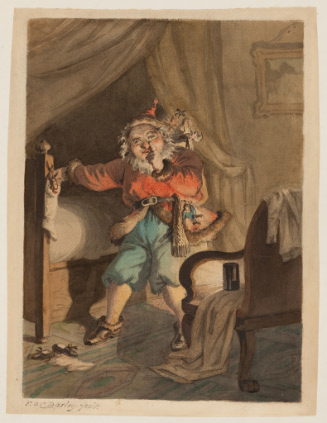St. Nicholas filling a stocking in a child's bedroom