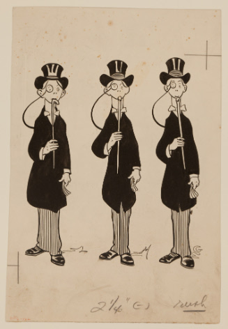 Three identical men in top hats with monocles