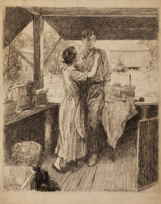 Farm scene with man and woman at outdoor stand