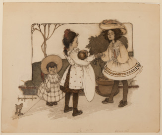 Three little girls, one holding baby, two in big hats, with toy on string