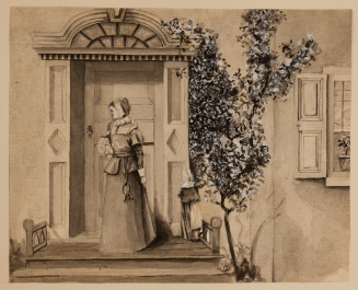 Hester Pryne and her daughter Pearl at door of house