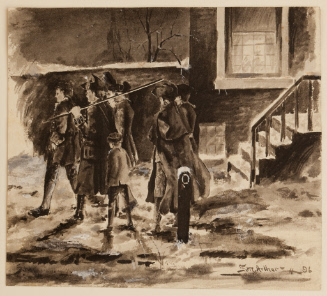 Colonial American winter scene of men in tricorn hats and young boy at steps of house