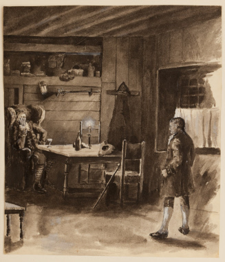 Seated man and standing boy in colonial interior