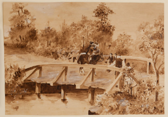 Colonial men on a wooden bridge