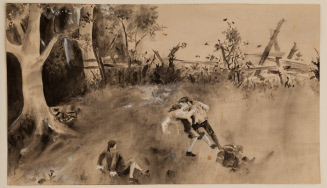 Boys fighting in meadow
