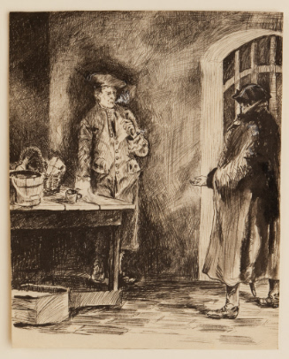 Interior scene of two men in tricorn hats
