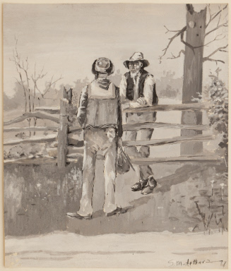 Two men talking at fence