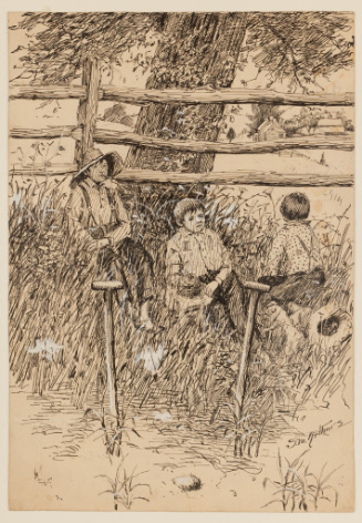 Three boys seated in grass beneath a tree