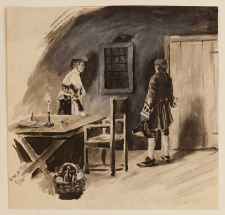 Man and woman inside colonial room at night