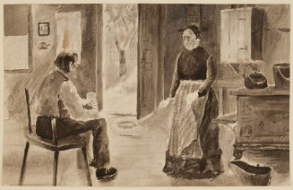 Colonial interior seated man, standing woman