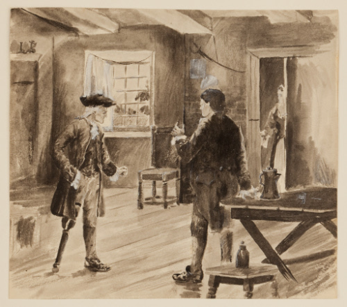 Colonial interior with peg-leg man and couple