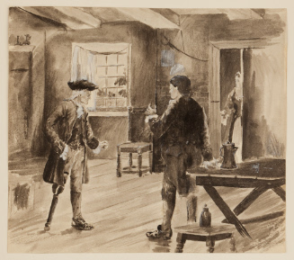 Colonial interior with peg-leg man and couple