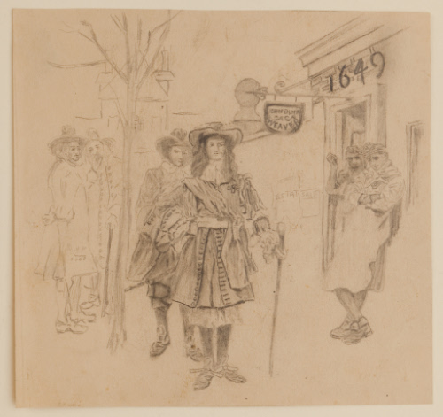 Colonial men before weaver's shop, 1649