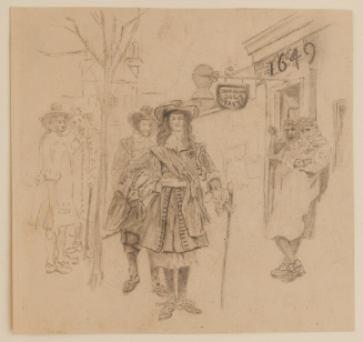 Colonial men before weaver's shop, 1649