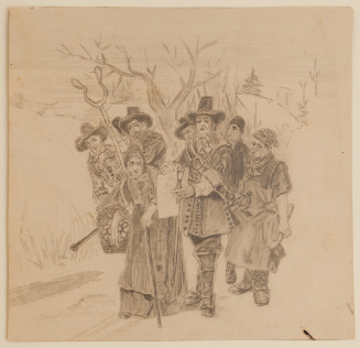 Colonial men around old woman with basket