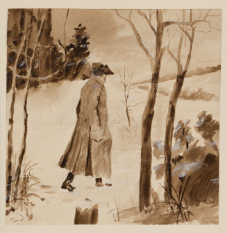 Colonial man walking through snow