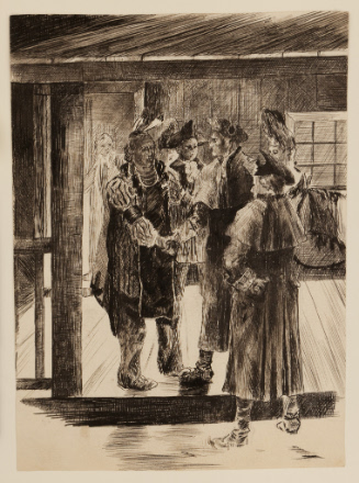 Meeting of colonial men and Native American at night