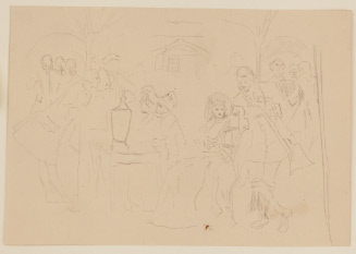 Colonial scene with many figures in garden
