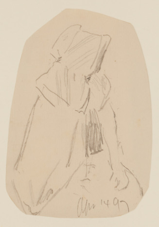 Half-length view of seated woman wearing hat