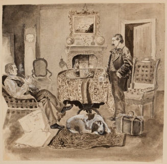 Parlor scene with two men and dog