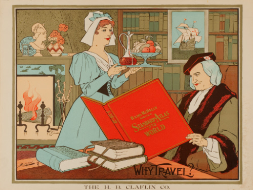 Why Travel? Advertising poster for Rand McNally Indexed Standard Atlas of the World, 1890s