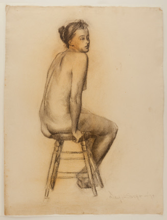 Nude woman seated on stool
