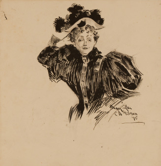 Half-figure of woman in hat with mutton-chop sleeves after C. D. Gibson