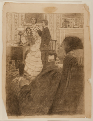 Group singing at piano with seated woman in foreground