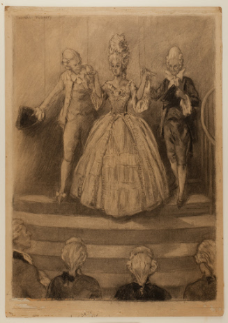 Eighteenth century scene of two men escorting a woman down stairs